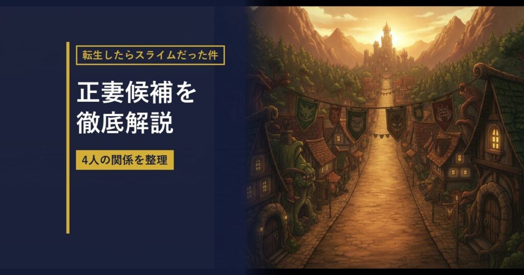 ファンタジー都市を描いたイラストに『正妻候補を徹底解説』の見出しを重ねたアイキャッチ